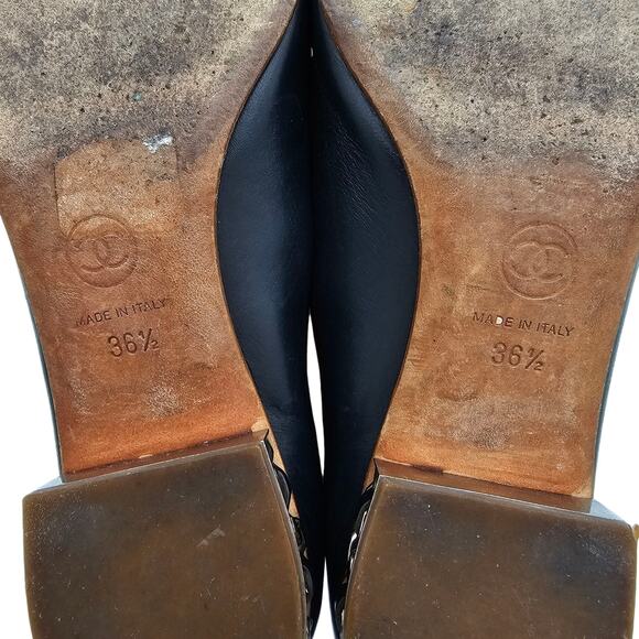 Chanel CC Cap Toe Ballet Flat Slipper Black Leather Chain Size 36.5 US 5.5 6 - Picture 12 of 12